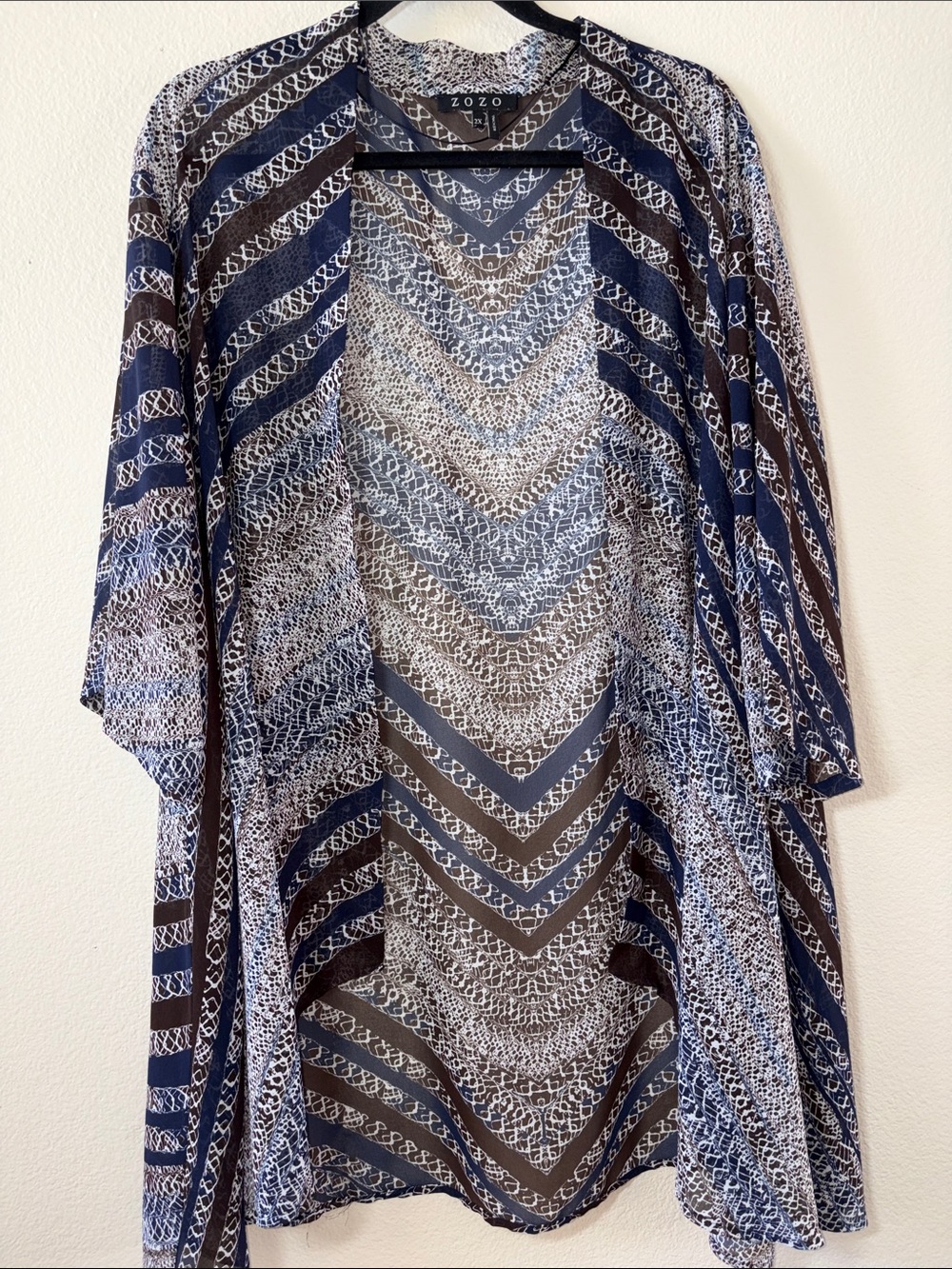 Blue & Brown Open-Front Printed Women's Kimono